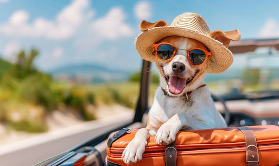 Cute dog goes on a trip by car with suitcases. Concept tourism, vacation. 